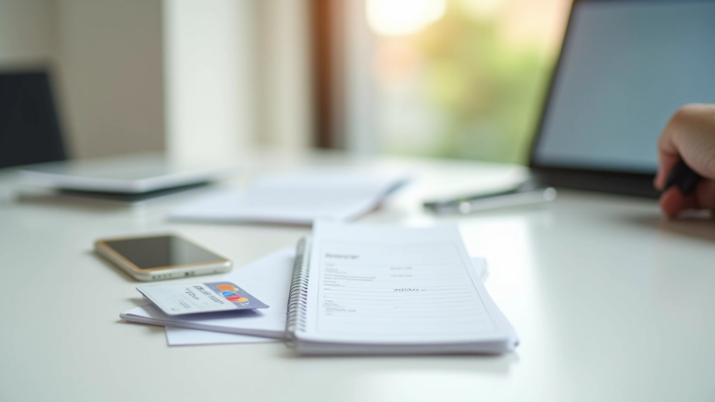 Bank savings account passbook and ATM card on desk with mobile banking app visible