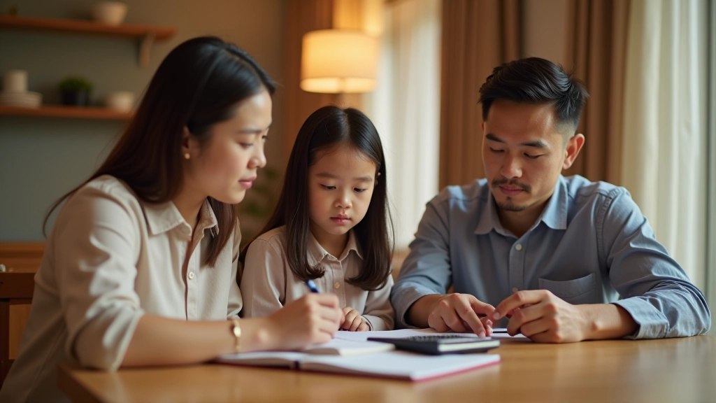 Malaysian family discussing financial planning around dining table with notebook and calculator