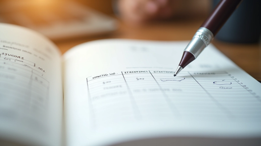 Financial planning notebook with written goals, savings tracker chart, and pen showing progress toward targets