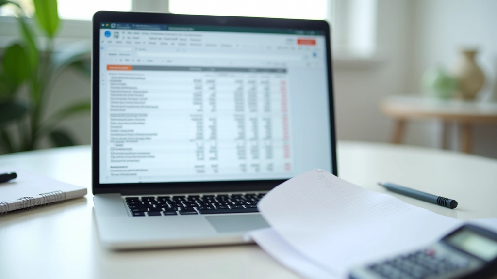 Spreadsheet on laptop screen showing expense tracking with categories, calculator, and notebook with calculations