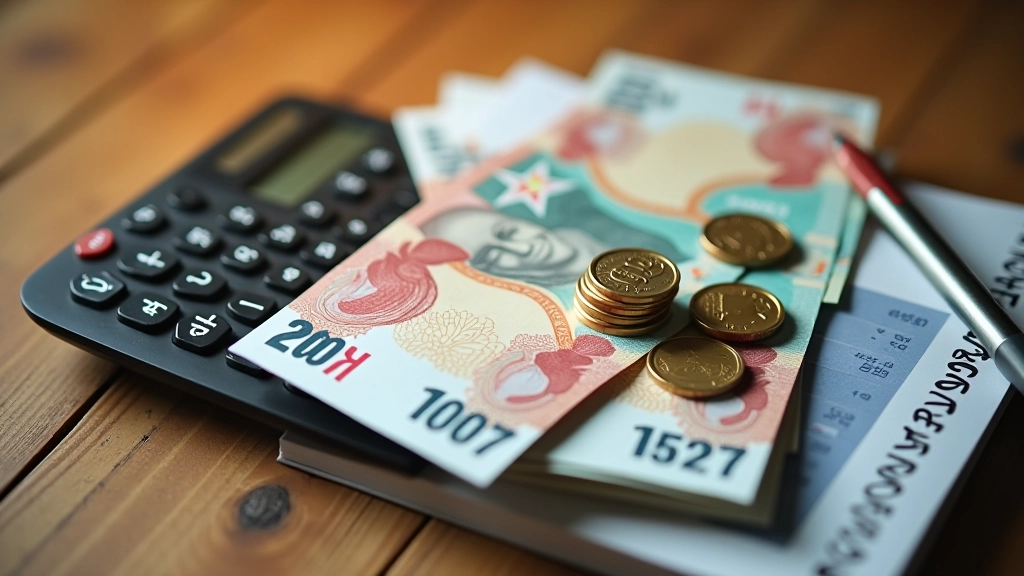 Malaysian ringgit notes and coins arranged on a calculator with financial notebook