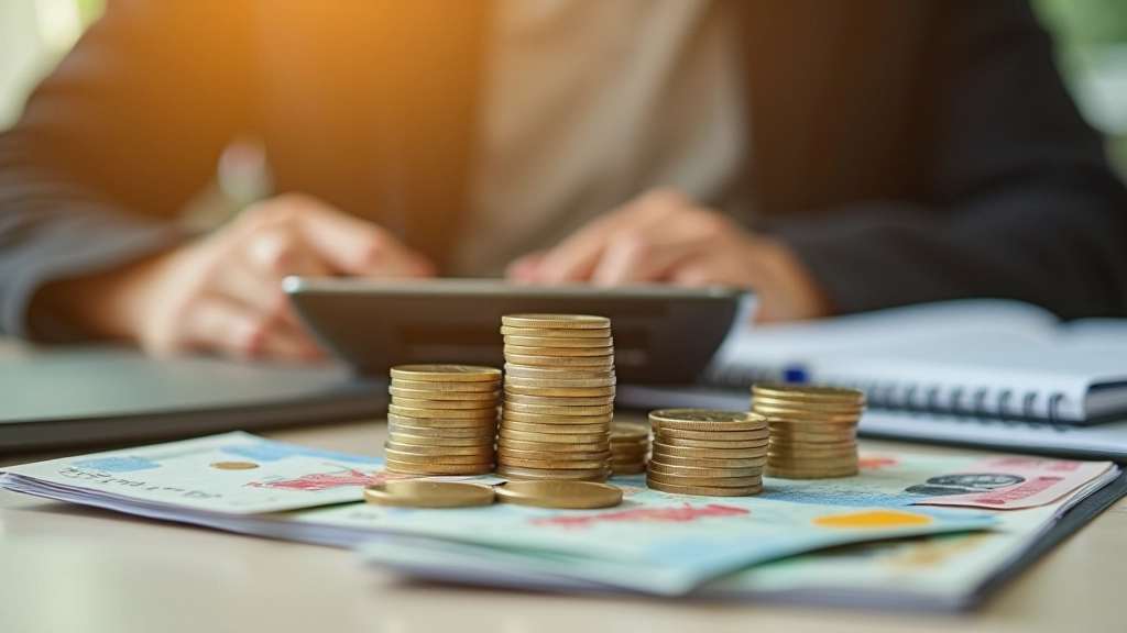Malaysian coins and banknotes stacked showing different denominations with calculator on notebook