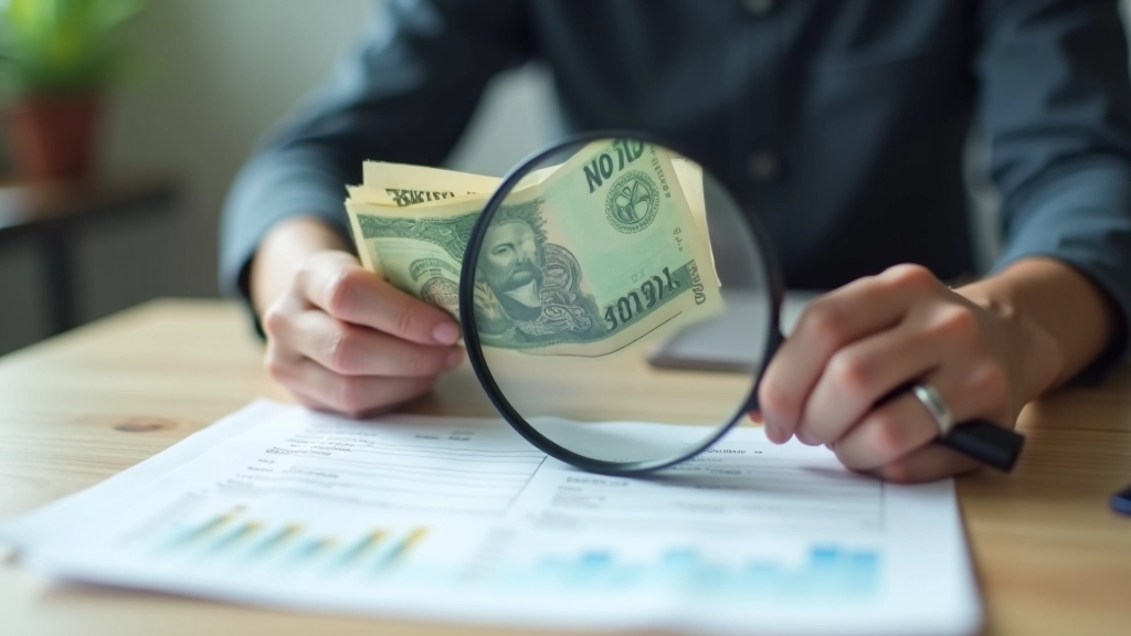 Malaysian ringgit banknotes with a magnifying glass examining small print on a fixed deposit agreement form