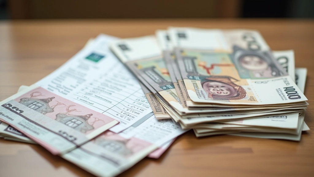 Stack of Malaysian ringgit currency with bank statements showing deposit terms and interest rates