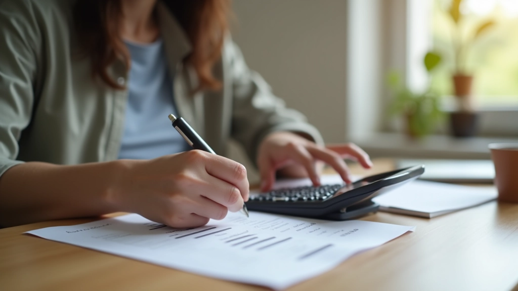 Person at home office desk reviewing financial documents and expense tracker with calculator