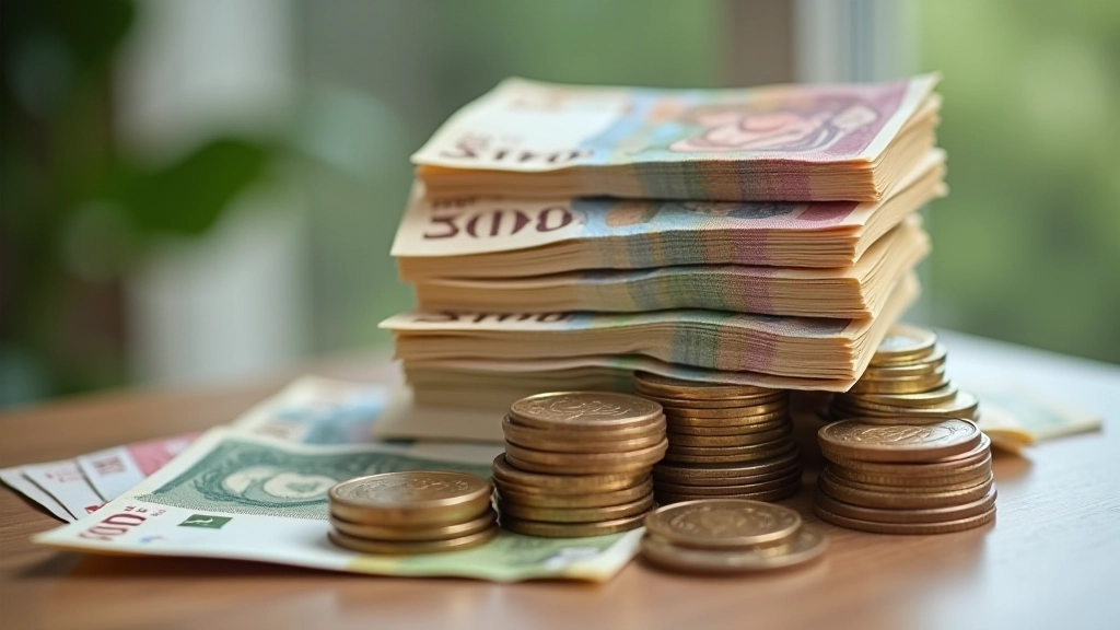 Stacked Malaysian ringgit notes and coins showing different denominations for emergency savings