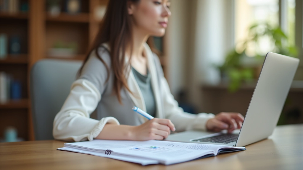 Woman reviewing family budget and financial cushion plan at home office desk